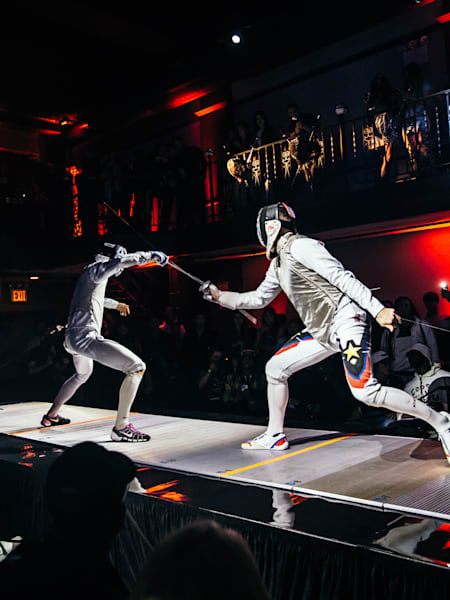 Portrait of Fencer Alex Choupenitch fencing an opponent at the Red Bull En Garde event on September 6, 2022.