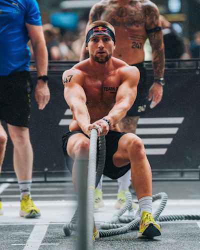 Jake Dearden performs at the Hyrox World Championship in Nice, France, on June 9, 2024. 
