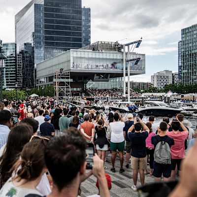 Braden Rumpit of New Zealand dives from the 27.5 metre platform on the Institute of Contemporary Arts building 