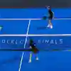 Martín Di Nenno, Franco Stupaczuk, Paquito Navarro and Jon Sanz fiercely compete during the Premier Padel 2025 Finals in Barcelona, Spain on December 14