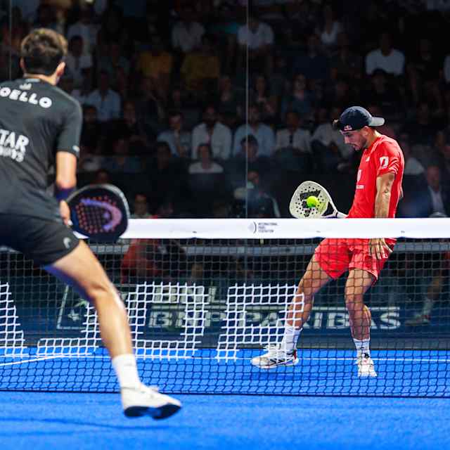 Alejandro Galan (R) of Spain and Federico Chingotto (L) of Argentina competes during the BNL Italy Major Premier Padel final match held at the Foro Italico in Rome, Italy on June 15, 2025.