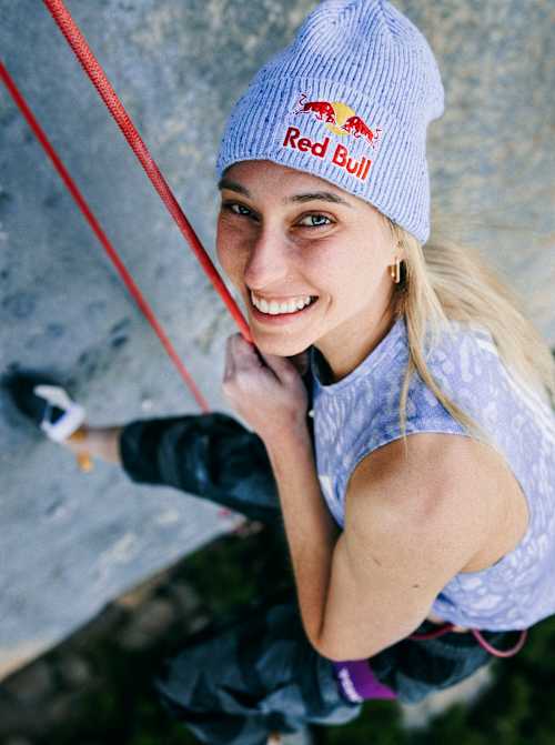 Slovenian climber Janja Garnbret takes a break during her ascent of Bibliographie (9b+) in Céüse, France on June 6, 2026.