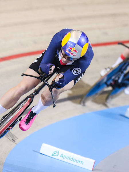 Chloé Dygert competes in the women's individual pursuit final during the UCI Track Cycling World Championships in Apeldoorn on March 3, 2018.