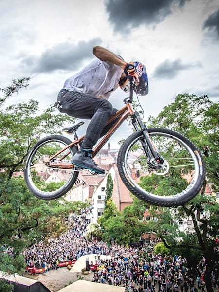 Emil Johansson performing on his slopestyle bike at Red Bull District Ride in 2017.