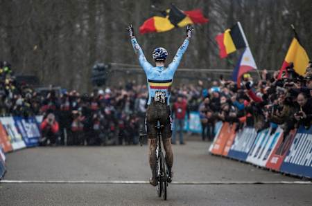 Wout van Aert celebrating his third World title at the 2018 CX World Championships in Valkenburg, Netherlands.