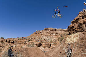 Brandon Semenuk does a no-hander during Red Bull Rampage 2008.