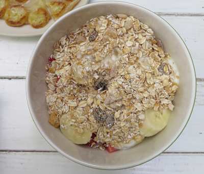 Soak oats, milk and yogurt overnight, then add banana slices and berries