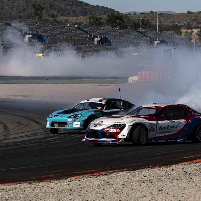 Piotr Wiecek of Poland and Ali Makhseed of Kuwait perform during the qualification round of Drift Masters in Valencia, Spain on May 10, 2024.