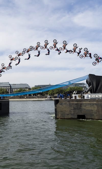 Luc Ackermann performs a tsunami backflip during the filming of the Rhein Transfer in Cologne, Germany on September 14, 2021.