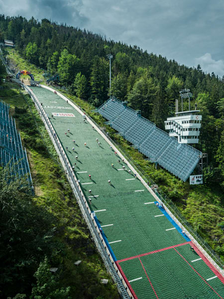 Participants make their way up the Wielka Krokiew ski-jump during the Red Bull 400 at Zakopane, Poland on August 15, 2020.