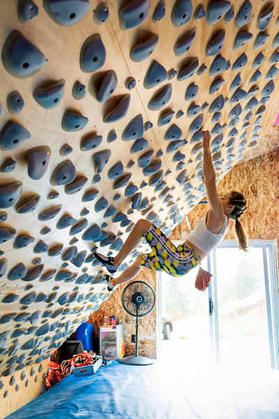 DiGiulian’s gym includes various holds and app-controlled climbing walls.