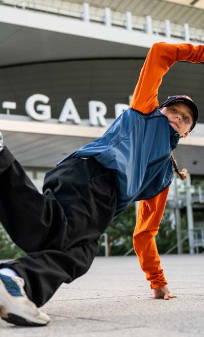 Nicka does footwork in front of Stade Roland-Garos in Paris.
