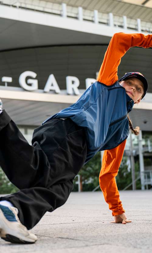 Nicka does footwork in front of Stade Roland-Garos in Paris.