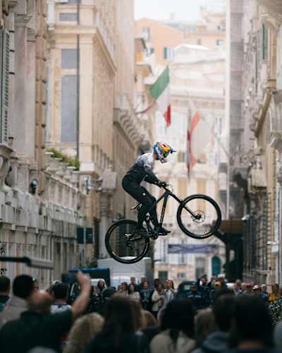Tomáš Slavík performs during the Red Bull Cerro Abajo video stunt in Genova, Italy, on May 16, 2024