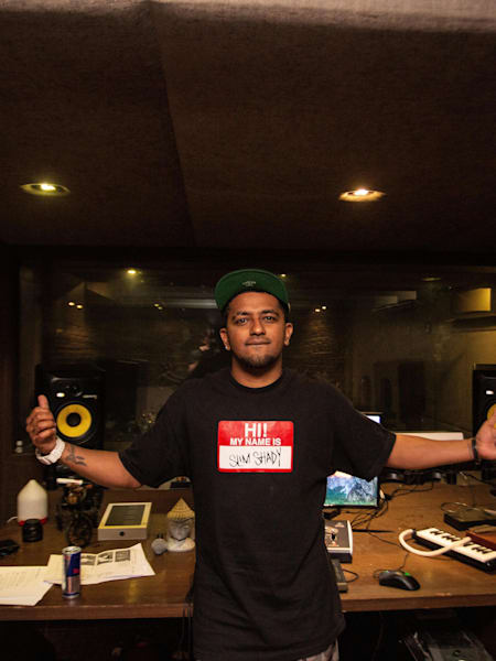 Rapper Gubbi poses for a photo at AudioKraft Studios in HSR Layout in Bengaluru