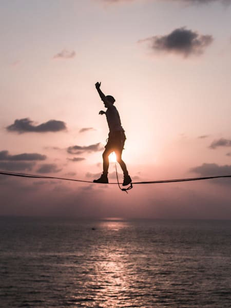 Andy Lewis high lines the Raouche Rock in Beirut, Lebanon on September 20, 2017.