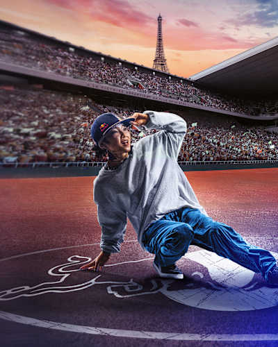 Arte de dois dançarinos no Stade Roland-Garros, em Paris, sede da Final Mundial do Red Bull BC One 2023.