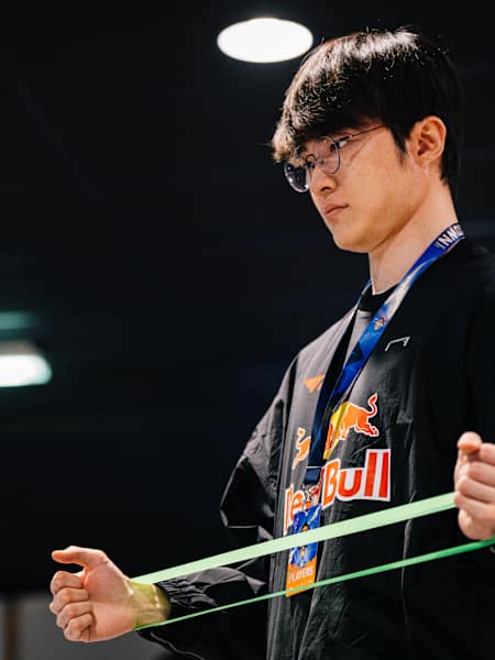 In 2024, T1 competes at the Red Bull League of Its Own event in Paris wearing a Red Bull jersey.