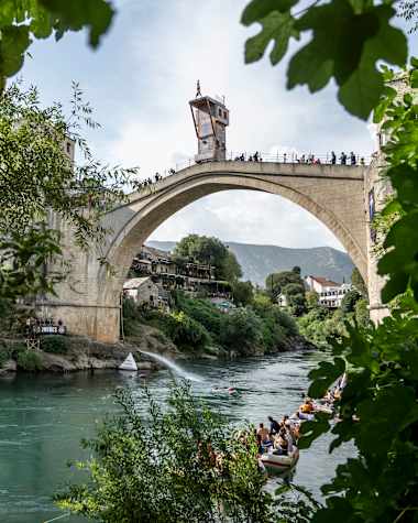 A view of the diving platform on Stari Most, Mostar's 16th-century bridge.