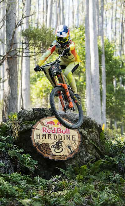 Jackson Goldstone performs during  practice at Red Bull Hardline  in Maydena Bike Park,  Australia on February 6, 2025.