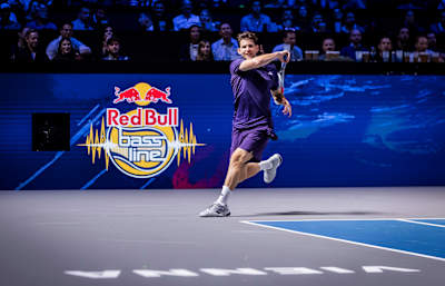 Dominic Thiem races across the court during Red Bull Bassline 2025 at Stadthalle in Vienna, Austria,.