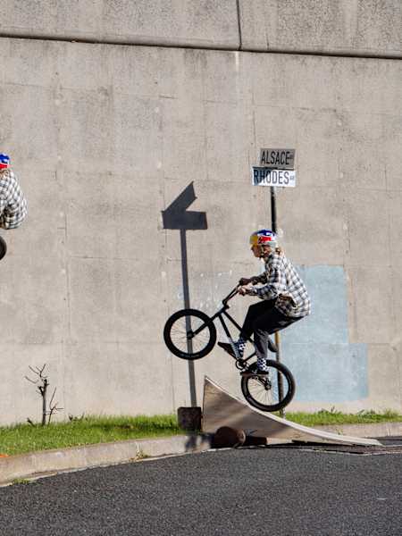 Murray Loubser using a DIY kicker ramp to ride BMX Street in Cape Town, South Africa