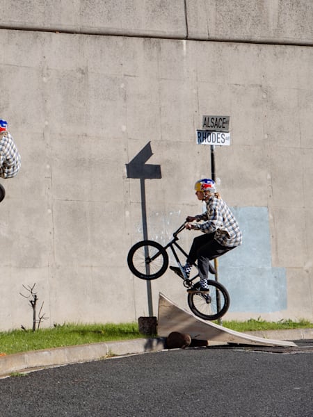 Murray Loubser using a DIY kicker ramp to ride BMX Street in Cape Town, South Africa