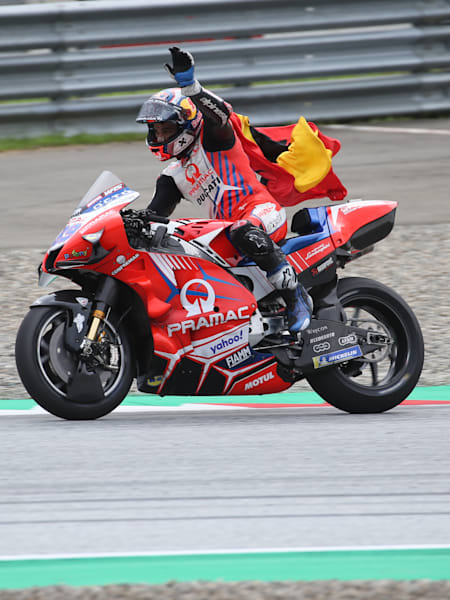MotoGP, Grand Prix of Styria, Red Bull Ring. Image shows the rejoicing of Jorge Martin who rides for Pramac Ducati.