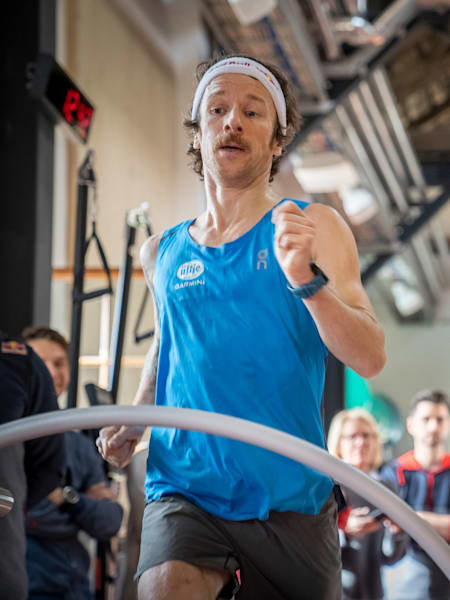 Ultrarunner Florian Neuschwander seen in Thalgau, Austria, during world record attempt, on February 27, 2020.