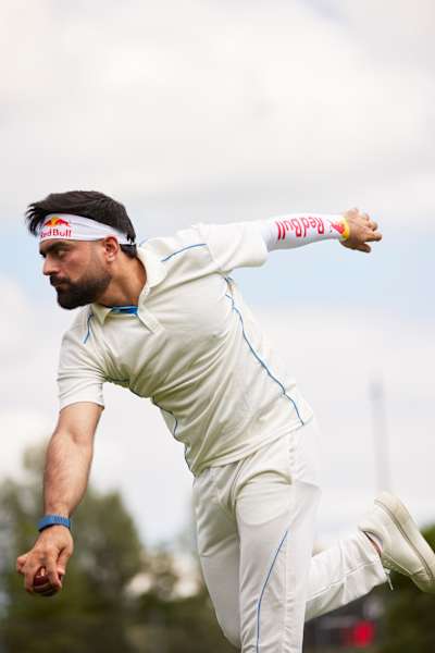 On July 23rd, 2025, Rashid Khan Arman spin bowling at a Red Bull cricket event in Salzburg, Austria.