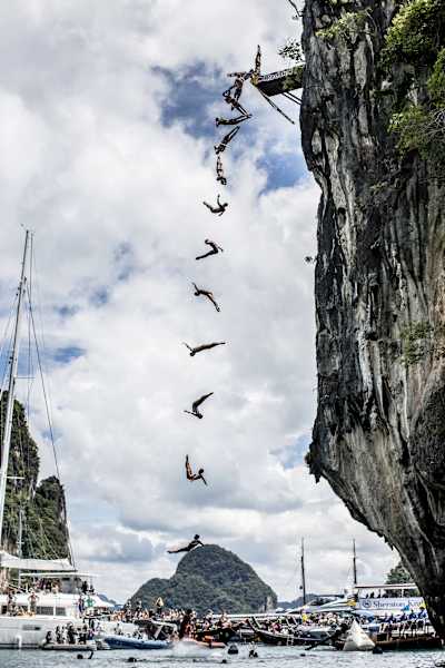 Artem Silchenko of Russia makes his final dive on Hong Island during the Red Bull Cliff Diving World Series, Krabi, Thailand on October 26, 2013.