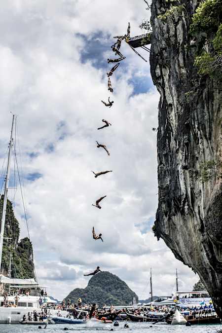 Artem Silchenko of Russia makes his final dive on Hong Island during the Red Bull Cliff Diving World Series, Krabi, Thailand on October 26, 2013.