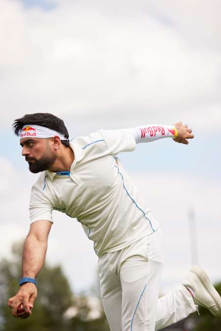On July 23rd, 2025, Rashid Khan Arman spin bowling at a Red Bull cricket event in Salzburg, Austria.
