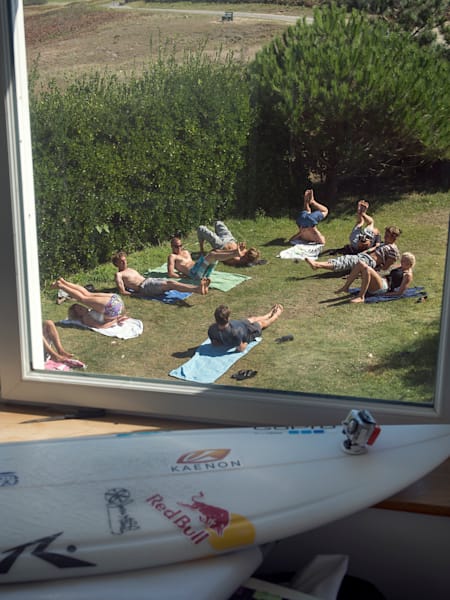 A yoga session at the Red Bull Surf Camp in Plogoff, France
