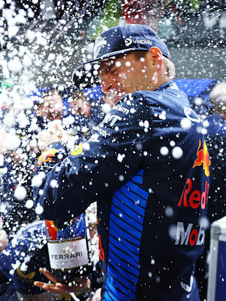 2024 F1 World Drivers Champion Max Verstappen celebrates with his team in the Paddock after the F1 Grand Prix of Las Vegas at Las Vegas Strip Circuit on November 23, 2024 in Las Vegas, Nevada.