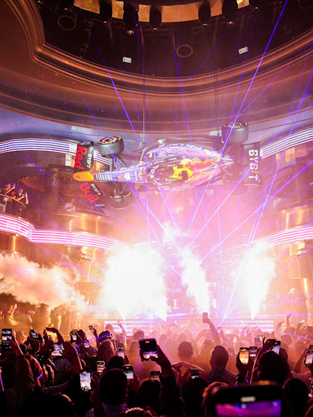 The Oracle Red Bull Racing RB19 is seen at the Red Bull Racing Make Your Mark Las Vegas Livery Reveal ahead of the F1 Grand Prix of Las Vegas at Las Vegas Strip Circuit on November 14, 2023