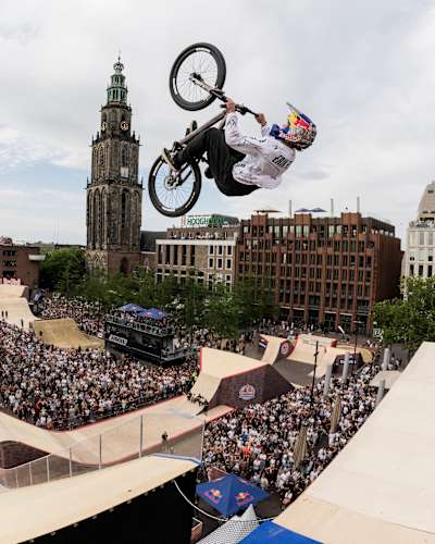 Erik Fedko throws down a massive trick above a packed crowd during Red Bull District Ride in Groningen, Netherlands on July 25, 2026.