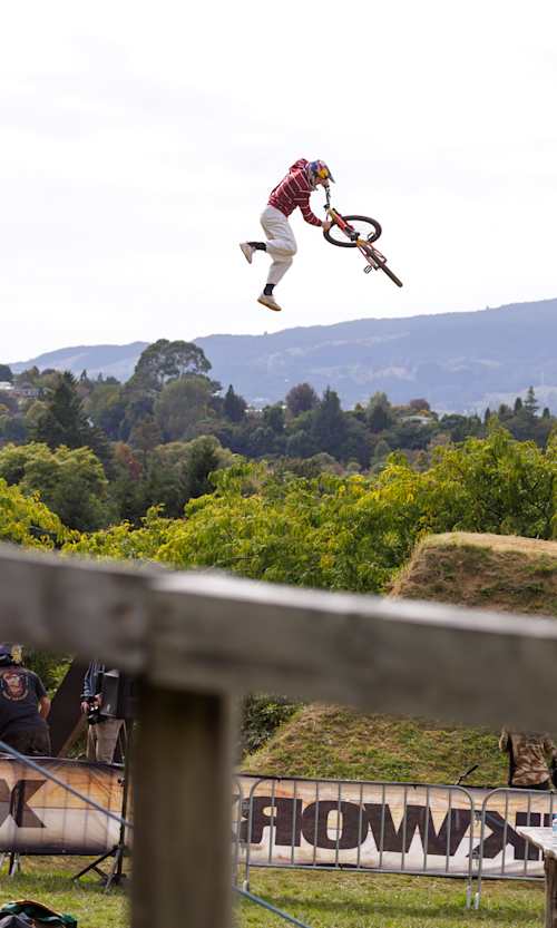 Dawid Godziek performs an aerial trick at Crankworx World Tour 2026 in Rotorua, New Zealand. 