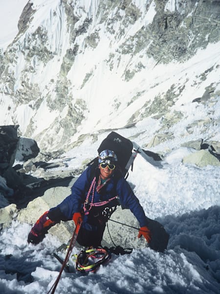 Simpson climbs the North Spur of the 6,162m-high Ranrapalca in Peru’s Cordillera Blanca mountain range in 1994.