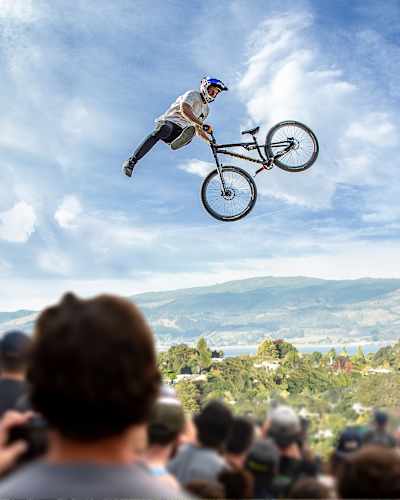 A rider performs at the Crankworx FMBA Slopestyle World Championship in Rotorua.