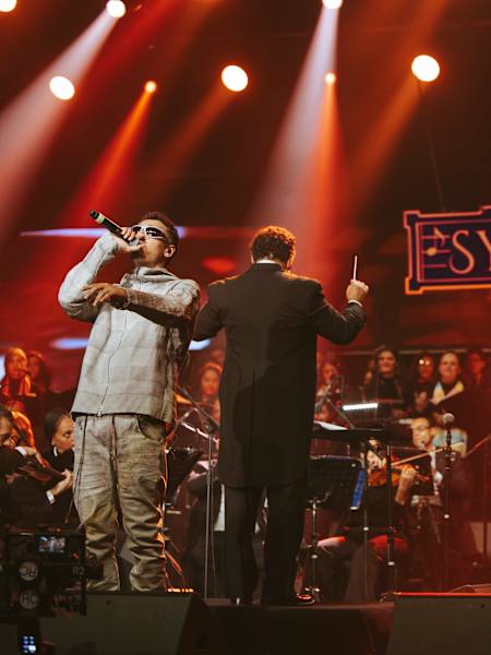 Marwan Pablo teams up with conductor Nayer Nagui at the Red Bull Symphonic in Cairo, Egypt, on December 7, 2024, uniting modern beats with orchestral mastery
