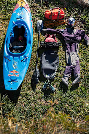 Image of kayaking equipment used on a whitewater expedition by French kayaker Nouria Newman.