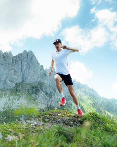 Remi Bonnet Trailrunning in front of the Gastlosen in Jaun, Switzerland on July 11, 2024.