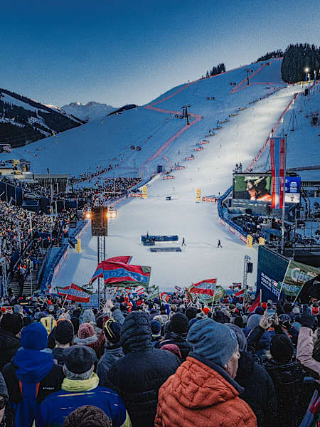 Crowds gather on the Zwölferkogel mountain above Saalbach in Austria for the 2025 FIS Alpine World Ski Championships.