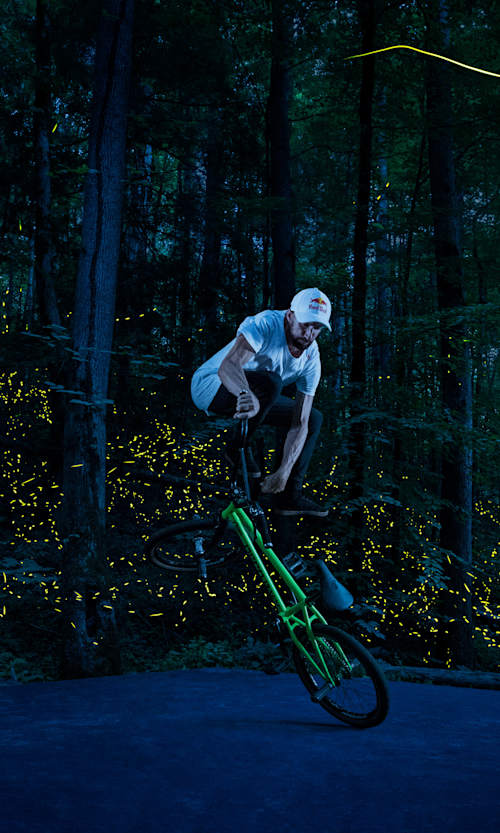 Terry Adams rides amongst the fireflies in East Tennessee, USA on June 12, 2022. 