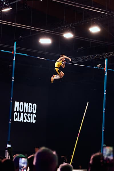 Armand Duplantis jumps over 6.31m to break the world record for the 15th time at the Mondo Classic on March 12, 2026 in Uppsala, Sweden.