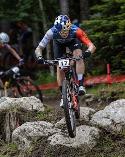 Simon Andreassen races at the 2024 UCI XCO World Cup event in Les Gets, France