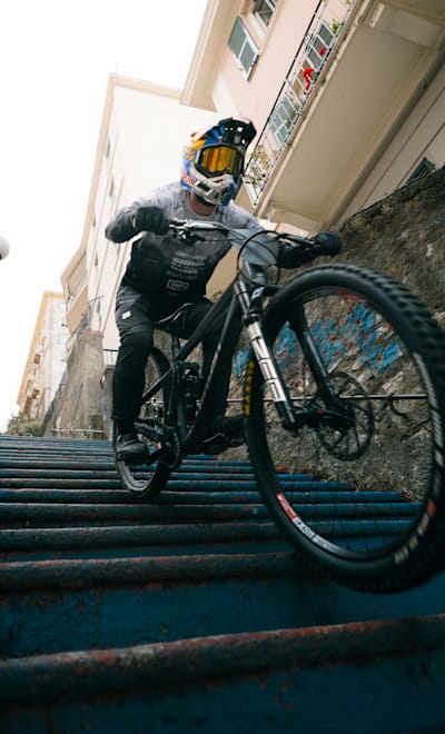 Tomas Slavik performs during the Red Bull Cerro Abajo Video Stunt in Genova, Italy on May 15, 2024.