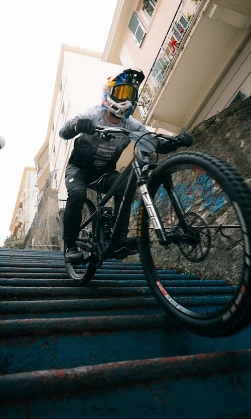 Tomas Slavik performs during the Red Bull Cerro Abajo Video Stunt in Genova, Italy on May 15, 2024.