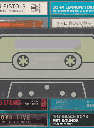 An illustration of cassette tapes featuring classic albums by Sex Pistols, John Lennon, Pink Floyd and more.